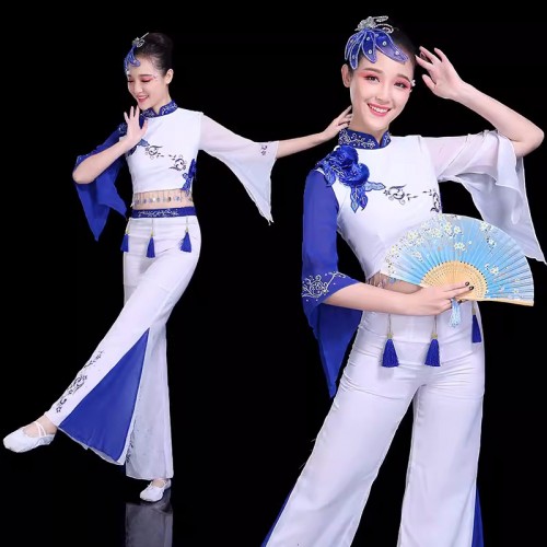 Chinese folk dance costumes for women female Ethnic blue white porcelain dance yangge fan umbrella dance dresses ethnic minority fan dance sets for woman